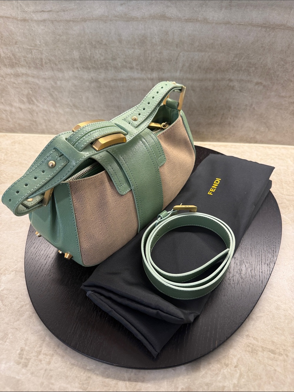 Fendi Zucca Mint Green and Beige Canvas Leather Baguette Shoulder Bag with Belt - Picture 6 of 9